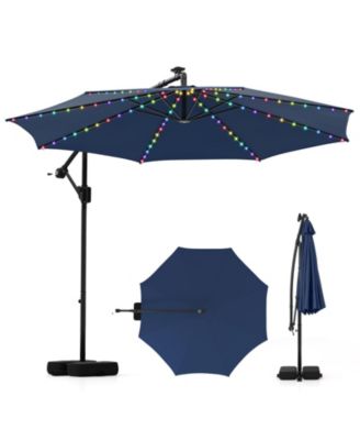 10 ft Solar Offset Hanging Umbrella with Base and LED Lights