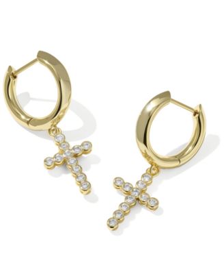 Cross Crystal Charm and Cubic Zirconia Plated Brass Huggie Earrings