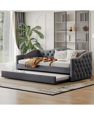 Twin Size Velvet Upholstered Daybed With Trundle 2 USB Charging  Sturdy Wood Slats