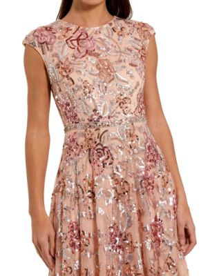 Women's Sequin Mesh High Neck Cap Sleeve A Line Gown