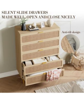 Rattan 5 Drawer Dresser Natural Deep Storage Wide Top for Bedroom and Living Room