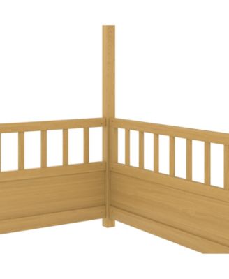 Wooden Floor Bed With House Roof Frame And Fence Guardrails Natural For Kids