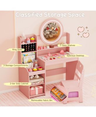 Kids Vanity Desk with Mirror and Lights Princess Pretend Play Dressing Table and Chair Set