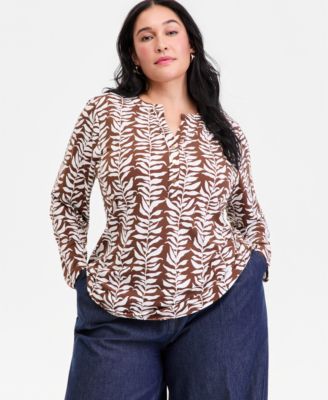 Plus Size Printed Split-Neck Long-Sleeve Top