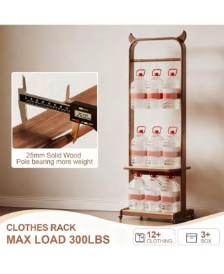 Portable Wood Clothing Rack with Hooks and Shelves