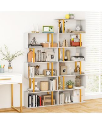 5-Tier/6-Tier Geometric Bookcase with Metal Frame and Anti-tipping Kits-6-Tier