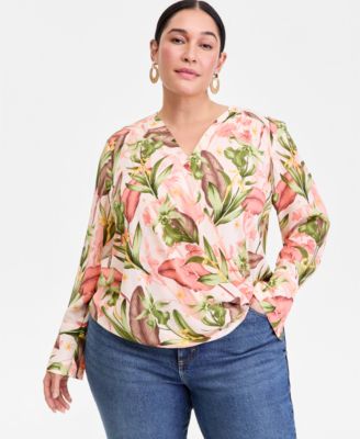 Plus Size Printed Surplice Long-Sleeve Blouse