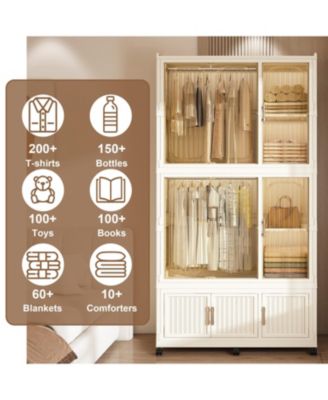 Portable Wardrobe Closet with 9 Magnetic Doors, 2 Hanging Rods & 6 Hangers