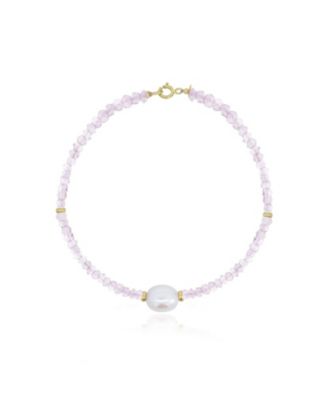 Rose Quartz Bead Pearl Bracelet 14K Gold