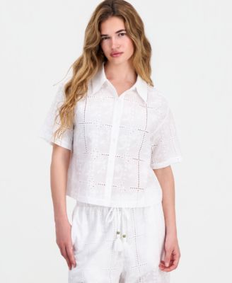 Petite Cotton Embroidered Eyelet Camp Shirt