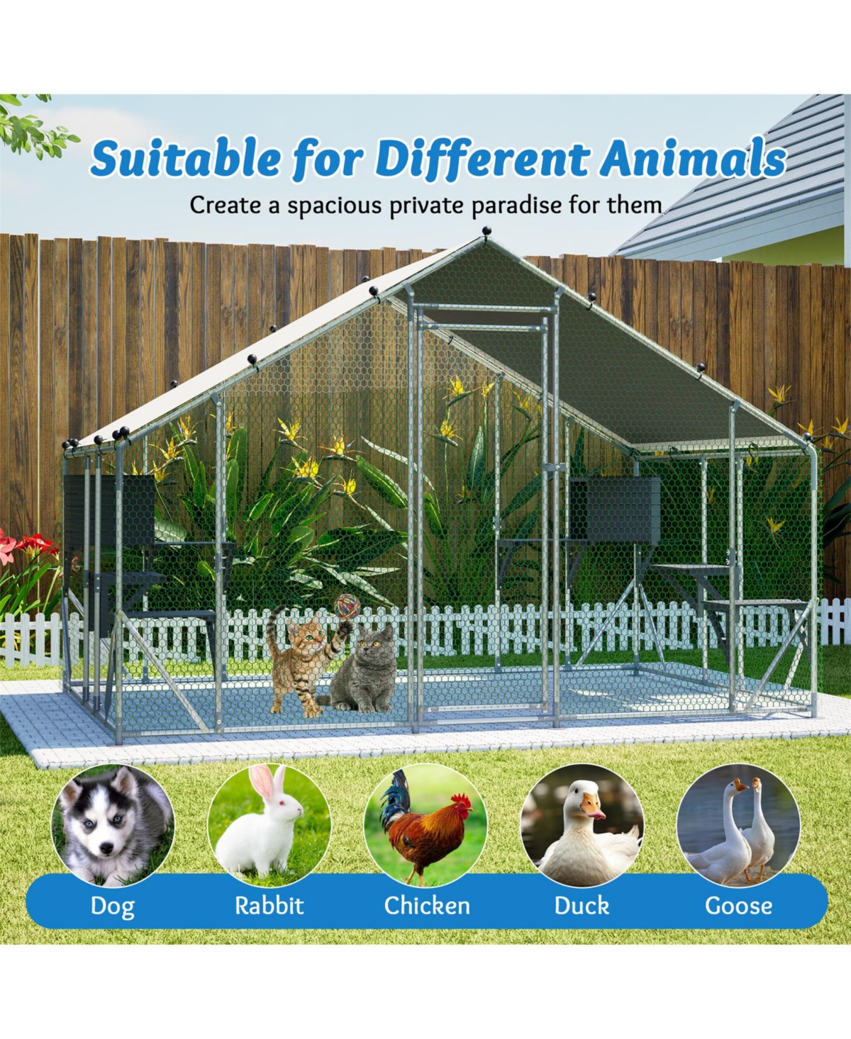 Zeus and Ruta 3 x 2/6 m Outdoor Metal Cat Cage With Diy Solid Wood Platform Double Safety Lock and Waterproof Tarp