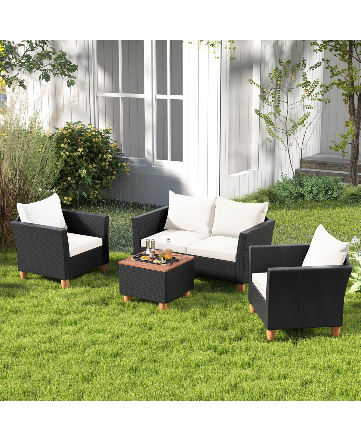 4 Pcs Wicker Patio Furniture Set with Removable Cushions Storage Coffee Table