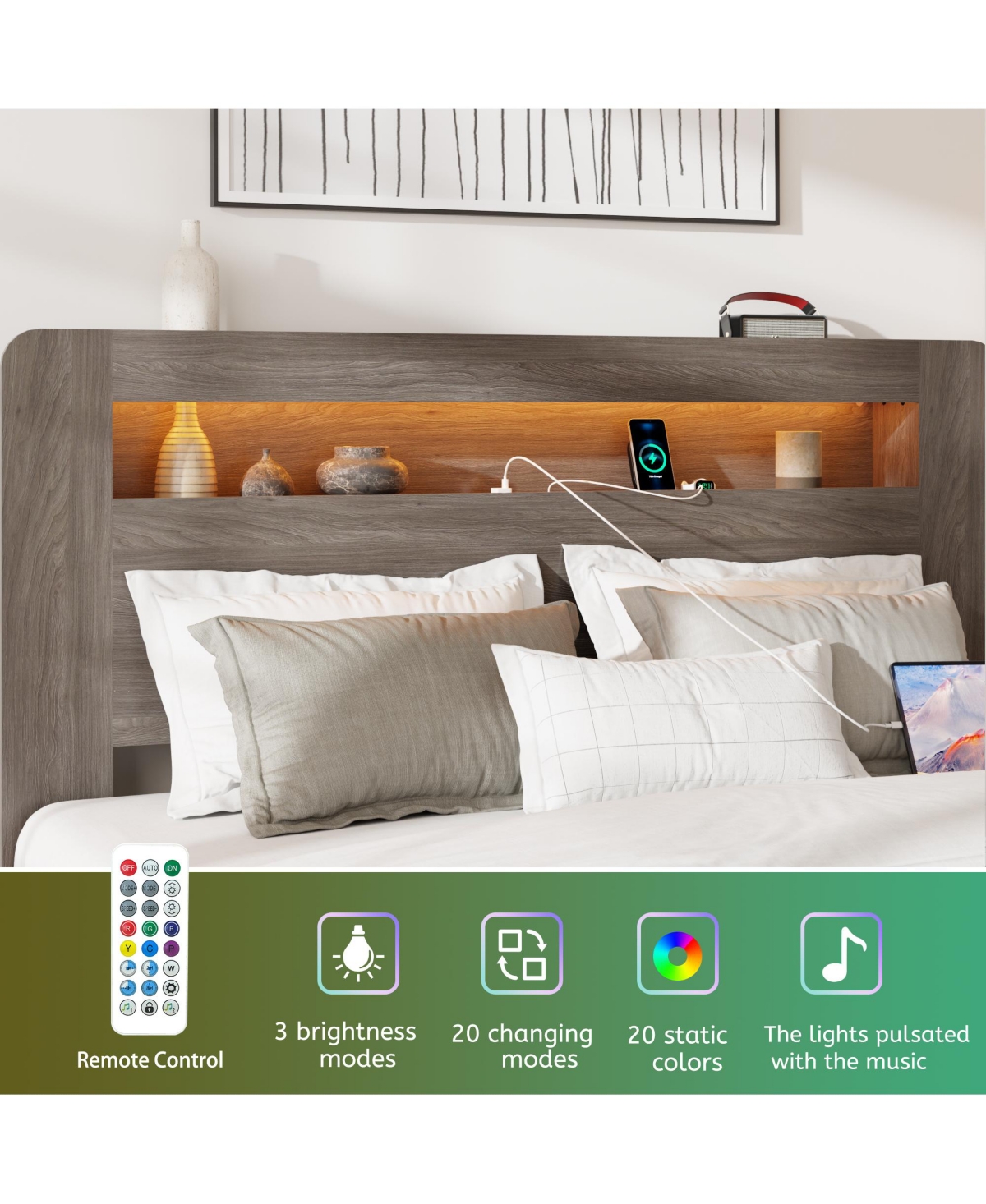 Rainsken Queen Size Platform Bed Frame, Wooden Bed with Led Light Headboard, Usb Ports and Spacious Under-Bed Storage for Bedroom