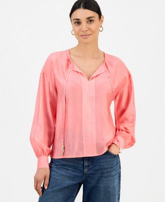 Petite Long-Sleeve Tie Neck Blouse