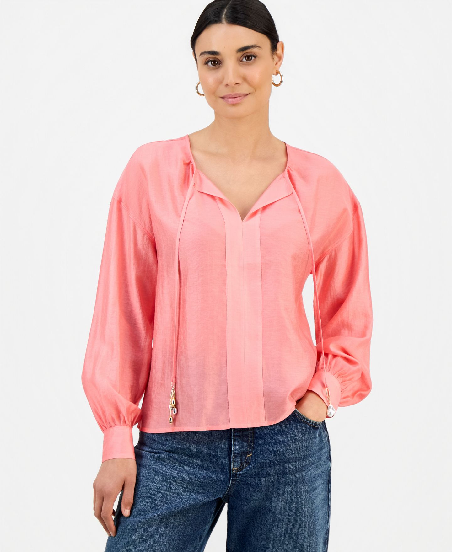 Женская блузка I.N.C. International Concepts Petite Long-Sleeve Tie Neck Blouse, цвет: Коралловый — фото 1