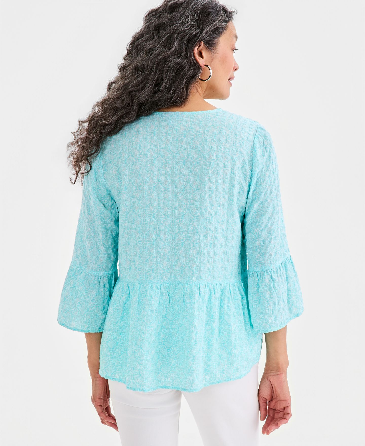 Женский топ Style & Co Printed V-Neck Seersucker Peplum Top, цвет: Бирюзовый — фото 2