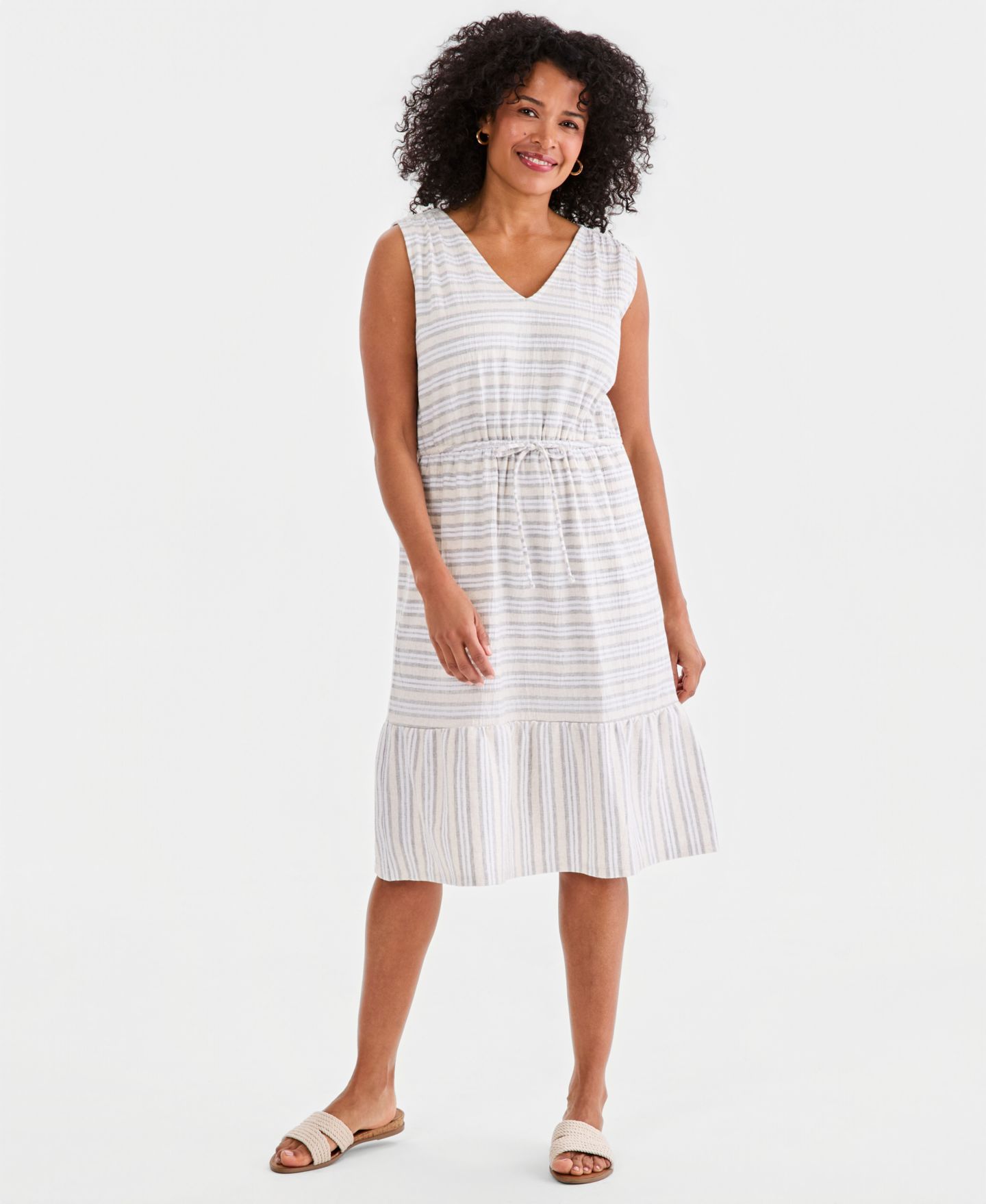 Женское платье Style & Co Striped Tie-Waist Midi, цвет: Бежевый — фото 1