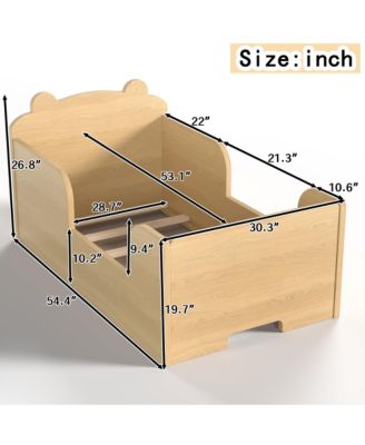 Low-Profile Twin Size Kids Floor Bed Frame, Wooden Platform Bed with Safety Rails and Bear Shape Headboard for Boys and Girls Ages 3-6