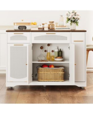 Rattan Rolling Kitchen Island Table on Wheels with Drop Leaf, Tilt Out Trash Can Cabinet with 2 Door, Storage Cabinet, 2 Drawer, Spice Rack