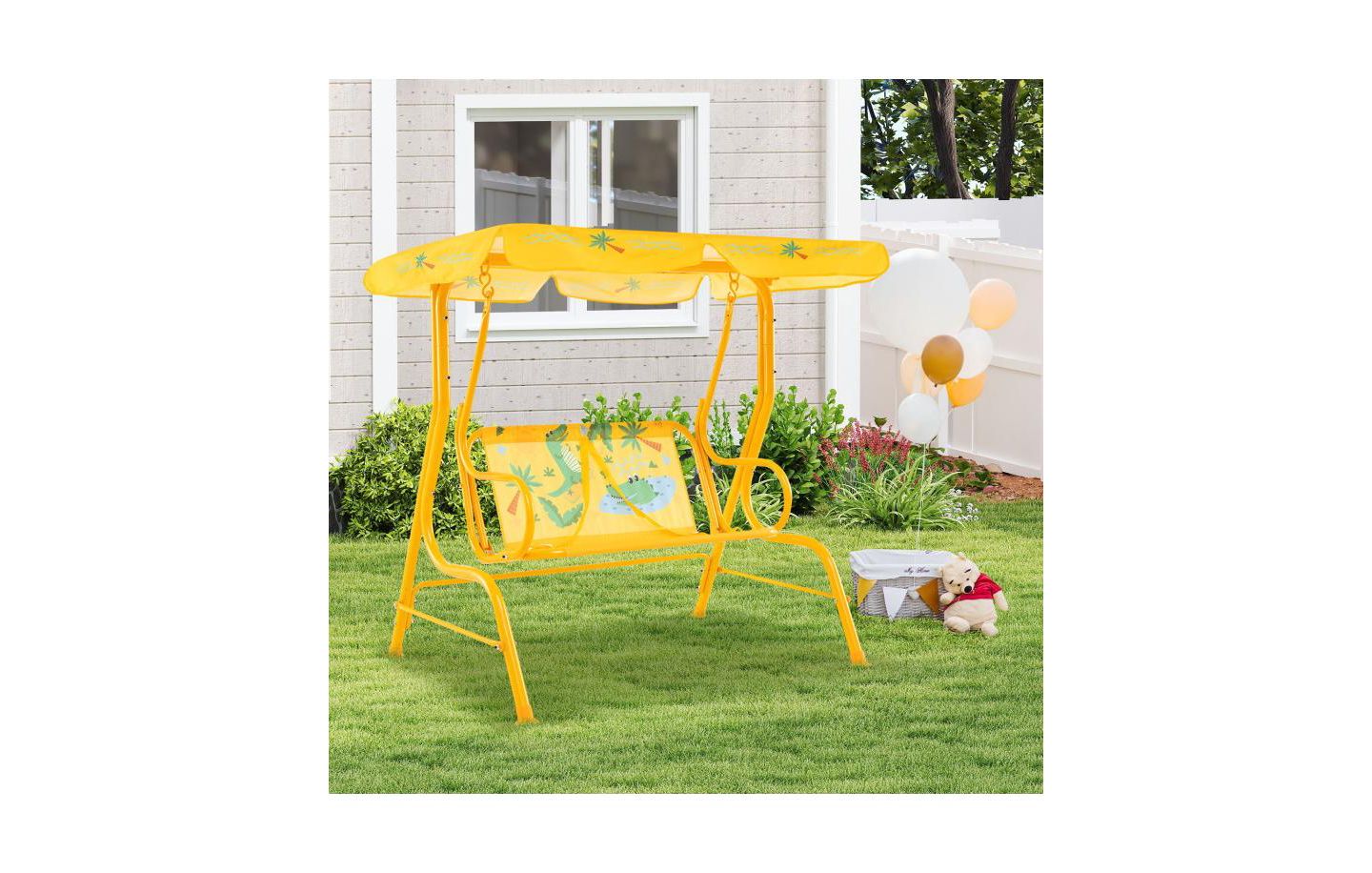 Детская игрушка HONGGE 2-Seater Metal Stand Kids Patio Swing with Adjustable Canopy, Up to 180 lbs, Ages 3+, цвет: Жёлтый — фото 4