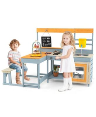 Fir Wood Play Kitchen with Picnic Table and Built-in Bench for Kids