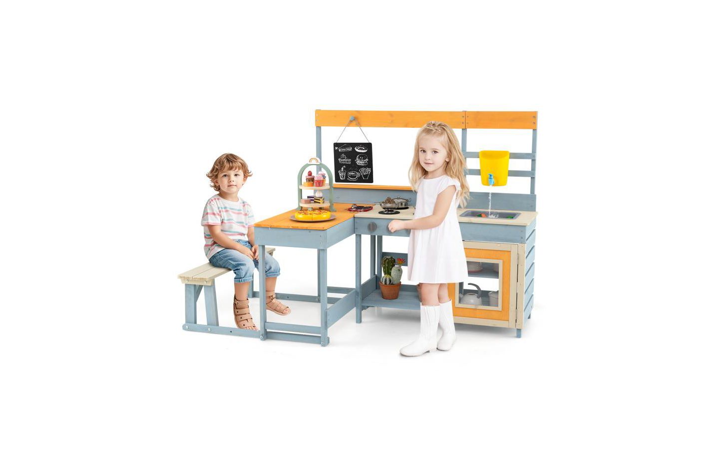 Детская игрушка HONGGE Fir Wood Play Kitchen with Picnic Table and Built-in Bench for Kids, цвет: Серый — фото 4