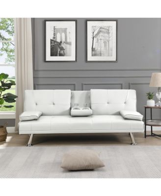 Convertible Futon Sofa Bed, Reversible Loveseat Daybed with 2 Cup Holder, Wood Frame and Stainless Legs for Living Room