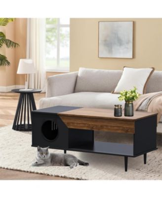 45 in Coffee Table Cat Tables Living Room with Storage Drawer, Wooden Rustic Coffee Tables with Cat House, Hidden Kitty Food Table Litter Box