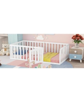 Twin Size Wood Floor Bed Frame with Surrounding Fence Removable Door and Open Row Design