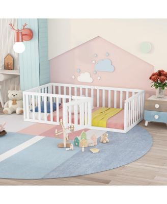 Twin Size Wood Floor Bed Frame with Surrounding Fence Removable Door and Open Row Design