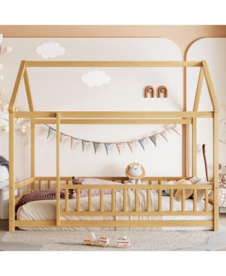 Wooden Floor Bed With House Roof Frame And Fence Guardrails For Kids