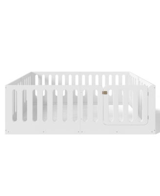 Solid Wood Floor Bed, Sturdy Kids Bed Frame with Full Guardrails and Door, Low-Profile Design for Boys Girls, No Box Spring Needed