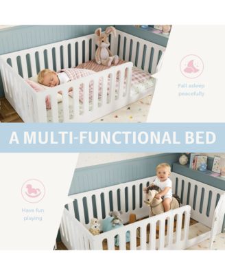 Twin Size Floor Bed, Solid Wood Kids Bed Frame with High Fence and Door, Modern Low-Profile Design for Boys Girls, No Box Spring Required