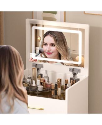 3 in 1 Vanity Desk  - Compact Dressing Table Set with Plip Top LED Mirror, Visible Glass Desktop, Cushioned Tool and 3 Drawers for Bedroom