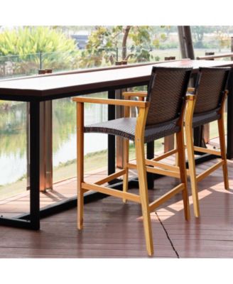 Set of 2 Outdoor PE Wicker Bar Chairs with Acacia Armrests