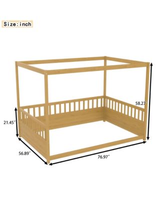 Wooden Canopy Floor Bed With Guardrails Four Poster Design Natural For Kids