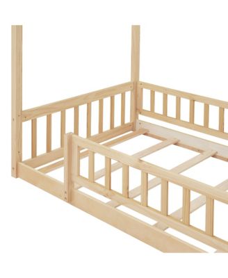 Twin Size Wood House Bed Roof Fence Pine Wood Frame 7 Slats Kids Bedroom