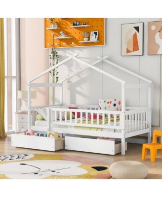 Twin Size Wooden House Bed Two Drawers