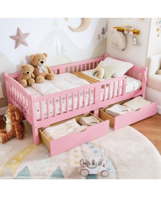 Low Profile Platform Bed Frame, Wooden Bed with Storage Drawers and Full Safety Guardrails for Boys Girls, No Box Spring Required