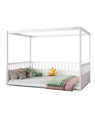 Wooden Canopy Floor Bed With Guardrails Four Poster Design For Kids