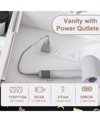 Flip Top Vanity Desk, Makeup Vanity Table with  LED Lighted Mirror, Built-in Outlet, 2 Drawers, Open Storage and Hooks for Jewelry