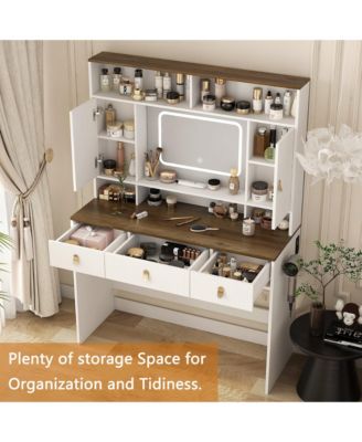 Farmhouse Makeup Vanity Desk - 43" Wide Dressing Table with Lighted Mirror, Power Outlet, Open Shelves, Side Cabinet and Drawers for Bedroom