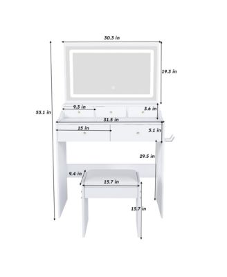 Large Mirror Vanity Desk, Makeup Vanity Set with 5 Drawers, Power Outlet, Hair Dryer Holder and 3 Lighting Color Adjustable for Bedroom