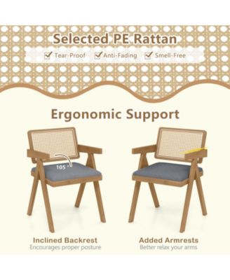 Set of 2 Rattan Accent Chairs with Padded Cushion and Rubber Wood Frame