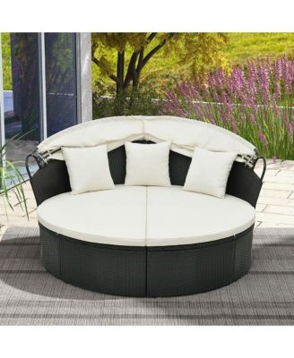 Patio Round Daybed Wicker Daybed w/ Retractable Canopy Separated Seating Sectional Sofa