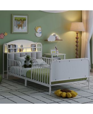 Metal Platform Bed With LED Light Velvet Upholstered Headboard Storage