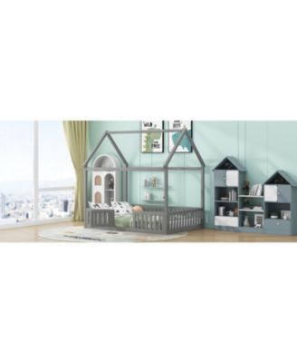 Wood House Bed With Fence Door Gray Distressed Washed Pine Wood MDF