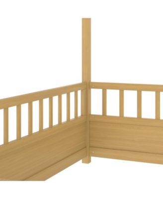 Wooden Floor Bed With House Roof Frame And Fence Guardrails For Kids