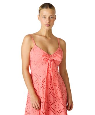 Juniors' Bow Front Eyelet Midi Sweetheart Neck Dress