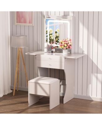 Vanity Set - White Makeup Vanity Table with Stool, Compartmentalized Drawers and Foldable Side Tables, Dressing Table for Bedrooms